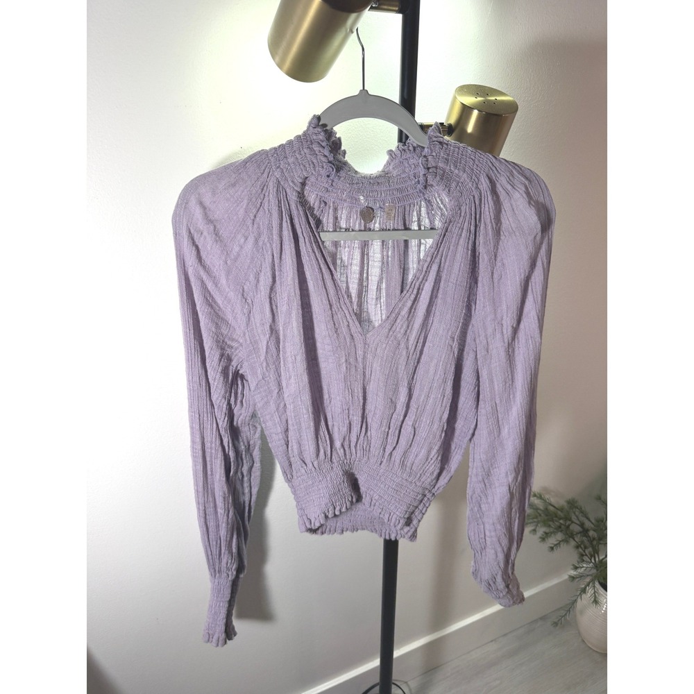 Free People boho lavender jeans top smocked peasant fall layering feminine euc